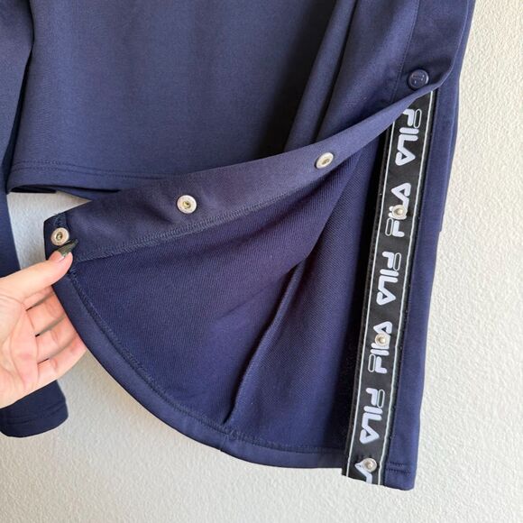 FILA Snap Button Tearaway Bell Sleeve Track Crop Top in Navy Blue size Small - Picture 6 of 10